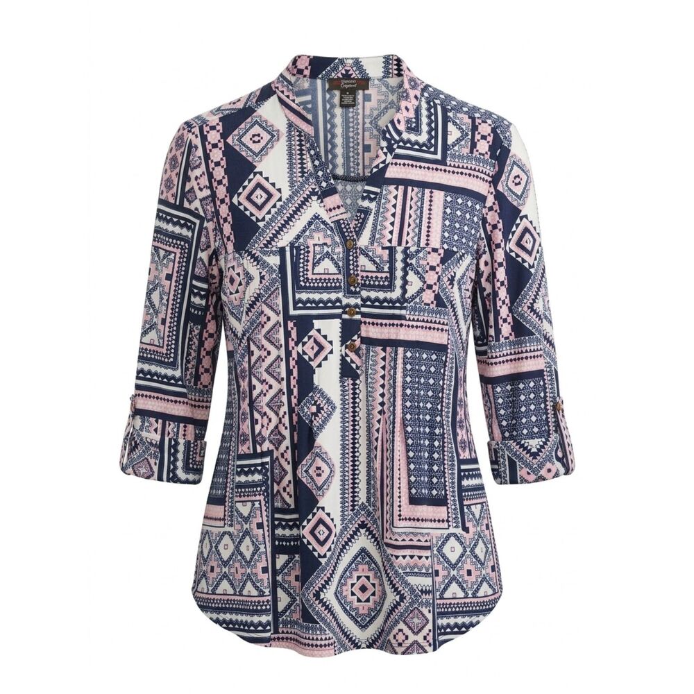 Cocomo Women's Size 2X Pink Navy Blue Ivory Geo Print Pintuck 3/4 Sleeve Top